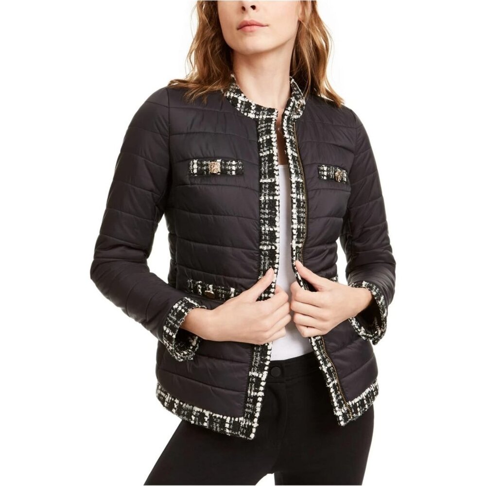 Anne Klein Quilted Puffer Jacket with Tweed Trim – Black (Size M)